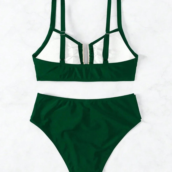 Dark Green Women's U-Shaped Ring Design Sexy Bikini Set - Picture 8 of 8